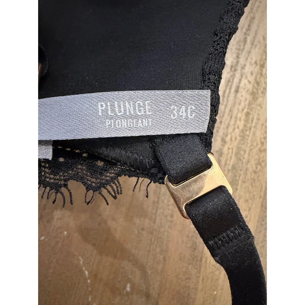 Aerie Black Lace‎ Plunge Bra Padded Underwire Eyelash Trim 34C 4898-073